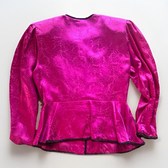 VTG Jack Mulqueen Silk Blouse Peplum Pink Print Black Button Up Womens Size 14 - Picture 4 of 12